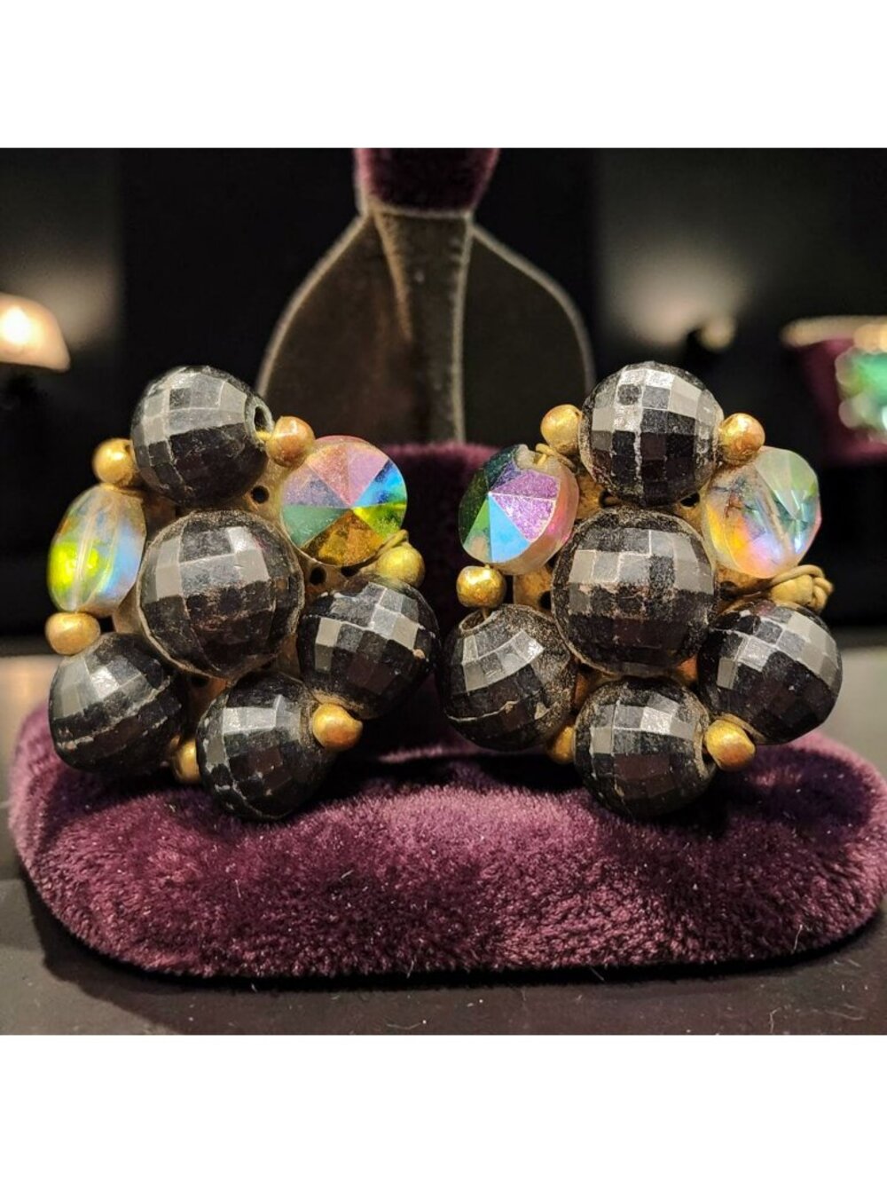 Vintage Black Beaded Cluster Clip-On Earrings AB Glass Flat Rhinestones Gol
